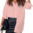 Diosun Womens Striped Sheer Button Down Shirts Long Sleeve Collared Drop Shoulder Stylish Casual Blouse Tops (Pink, M)