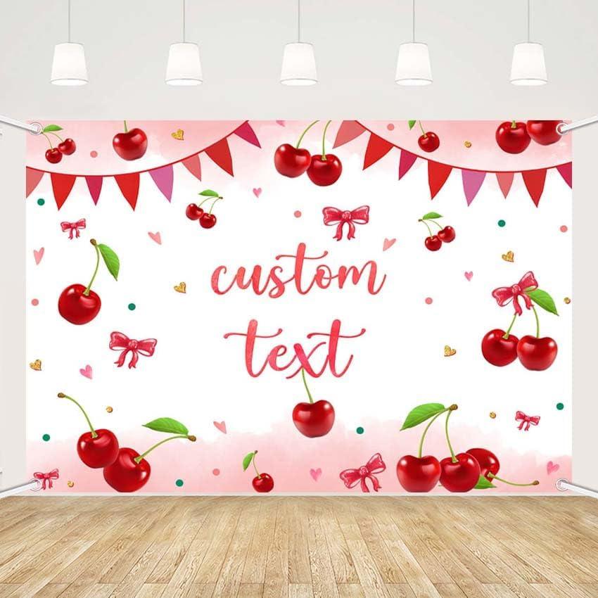 MEHOFOND 7x5ft Cherry Customized Backdrop,Coquette Bow Personalized Background Cherry with Bow Girl Birthday Decorations Red Coquette Sweet Cherries Decor for Girls Party Supplies Photo Booth Props
