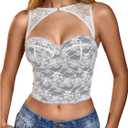WDIRARA Women's Cut Out Lace Crop Bustier Corset Tank Top Sexy Going Out Party Club Tops (White & Black) Small