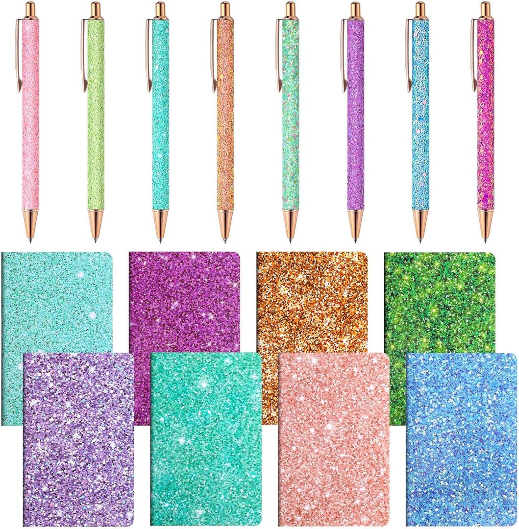 Sayglossy 16 Pack Glitter Pens and Notepads Set 8 Mini Glitter Pocket Notebooks 8 Fancy Sparkly Ballpoint Pens Stationery Gifts for Women Teacher Journaling School Office Supplies (Classic Color)