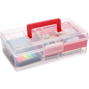 JUXYES Plastic Fishing Tackle Box Organizer with Removable Dividers, Clear Fishing Tackle Storage Boxes with Handle, 2 Layer Fishing Tackle Tray Box Lure Box, Red