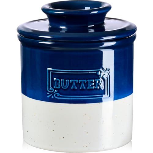 NUTRIUPS Ceramic Butter Crock, Butter Dish with Lid for Countertop with Water Line, French Retro Butter Crock for Spreadable Butter (Ink-Mood White)