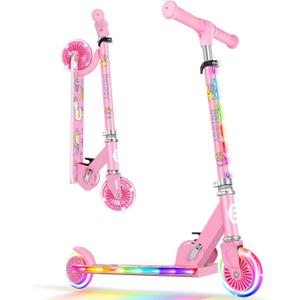 BELEEV V2 Scooters for Kids with Light-Up Wheels & Stem & Deck, 2 Wheel Folding Scooter for Girls Boys, 3 Adjustable Height, Non-Slip Pattern Deck, Lightweight Kick Scooter for Children Ages 3-12, Light Pink