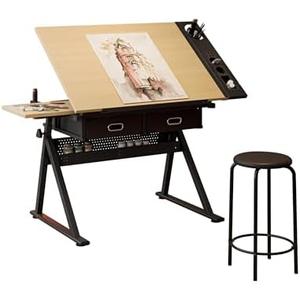 Drafting Table w/Stool,Height Adjustable Drafting Table for Adults ,Tilted Tabletop with Storage Drawers,Multifunctional Art Craft Artists Desk for Reading, Writing, Crafting and Diamond Arts Oak