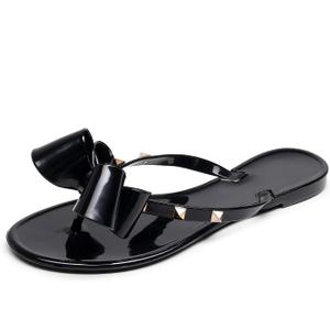 Womens Studded Jelly Sandals Flat Bow Flip Flops Black Jellies Shoes Size 8, Summer Beach Thong with Rivets Strappy Slides Slip On