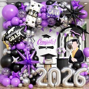 Graduation Balloons Arch Garland Kit, Graduation Party Decoration, Black Purple Silver Balloon Star Balloon Grad Foil Balloons 2026 Banner for College School Class of 2026 Congrats Grad Party Supplies