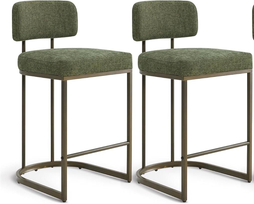 26" H Counter Height Bar Stools Set of 2, Modern Linen Fabric Upholstered Barstools with Backrest for Kitchen Island, Gold Metal Frames, Green