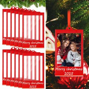 Vercraft 12 Christmas Acrylic Picture Frames Ornaments 2026 Photo Frame 2 x 3 Inches with Satin Ribbon Double Sided Picture Ornaments for Christmas Tree (Remove the Surface Film Before Use) (Red)