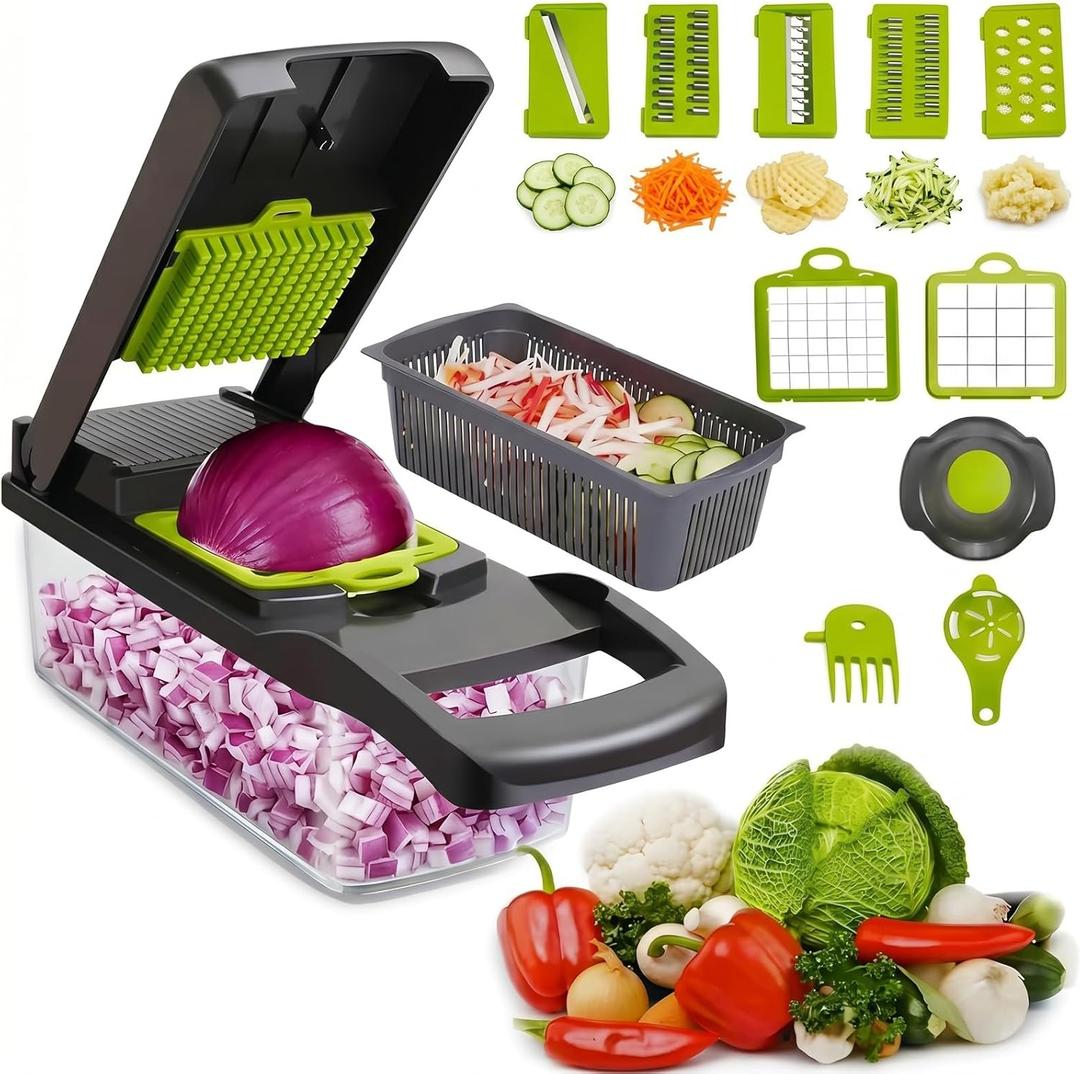 16 in-1 Vegetable Chopper with Container Mandoline Slicer, Onion Dicer, Food Chopper, Cheese Grater Multi Blade Kitchen Cutter for Fruits & Vegetables