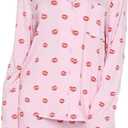 Women 2 Piece Pajamas Set Button up Long Sleeve Shirt and Shorts Lounge Set (M)