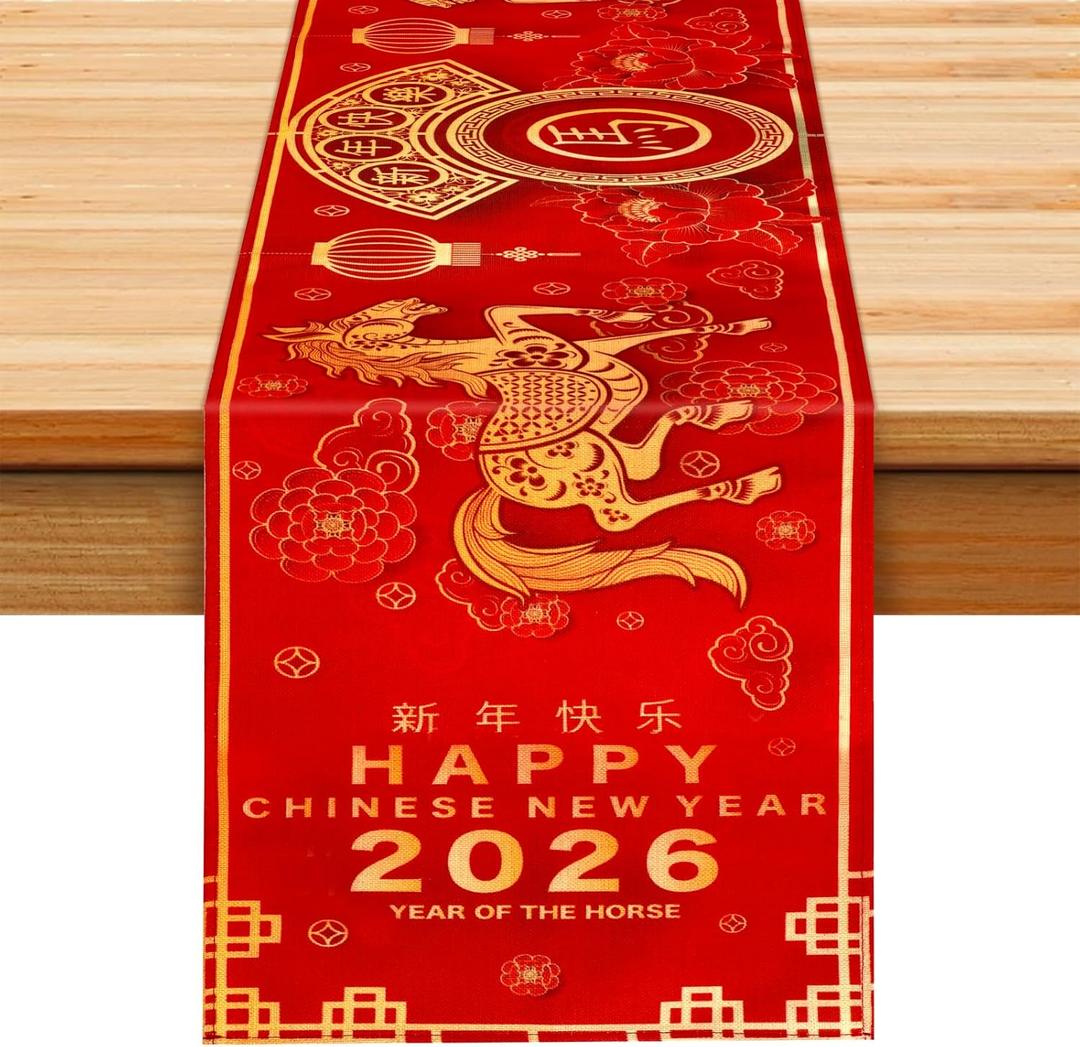 Qpout Chinese New Year Table Runner 2026, Year of The Horse Spring Festival Decor, 14x71 Inch Lunar New Year Table Decor for Holiday Party, Indoor Outdoor Kitchen Dining Room Decorations