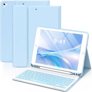 KBCASE Keyboard Case for iPad 9th/8th/7th Generation 2021/2020/2019, Compatible with iPad Air 3/Pro 10.5, Detachable Wireless Keyboard Case for iPad 10.2 inch with Pencil Holder (Light Blue)
