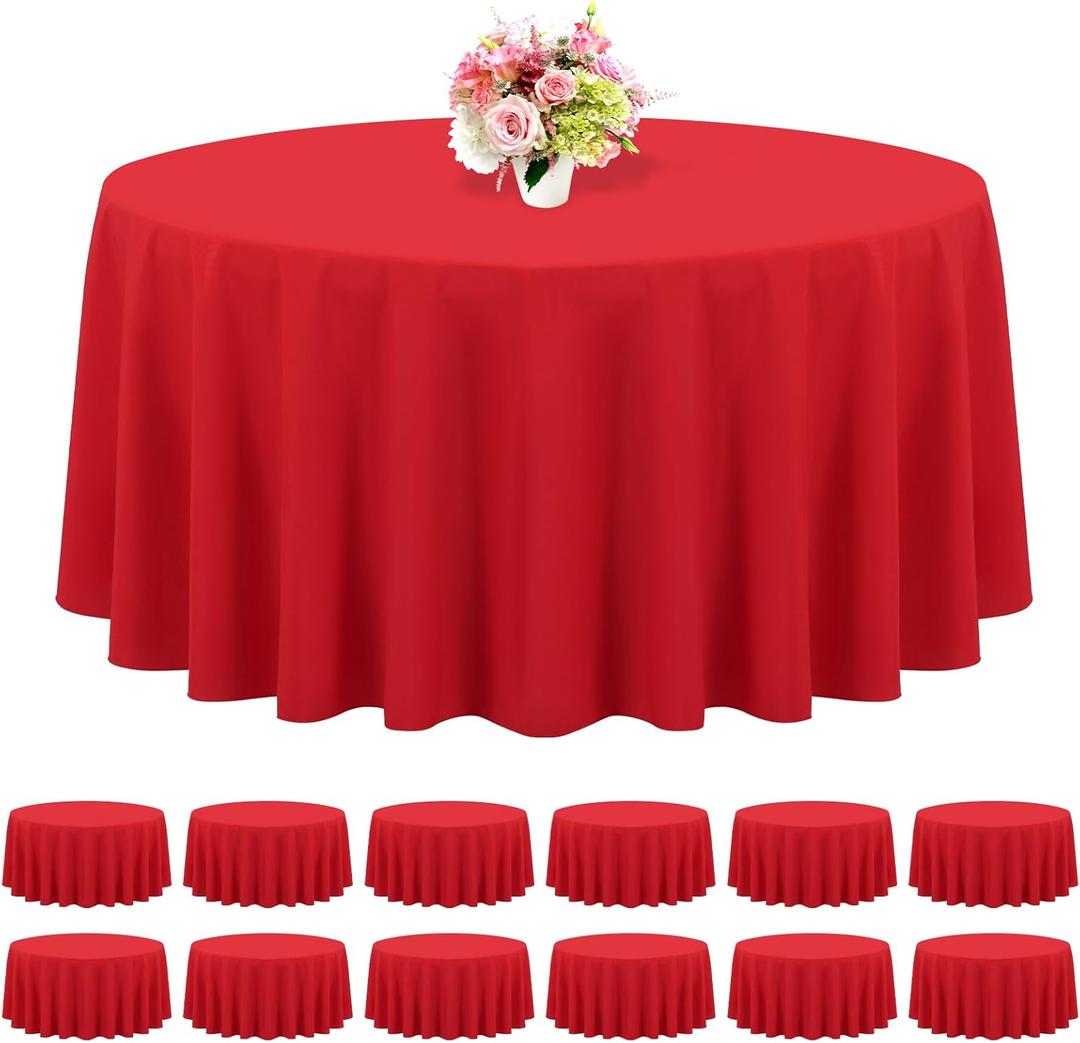 12 Pack Round Tablecloths - 120 Inch Red Polyester Table Cover, Stain & Wrinkle Resistant, Washable Fabric Table Cloth for Wedding Banquet Parties (12 Pack 120 Inch Round, Red)