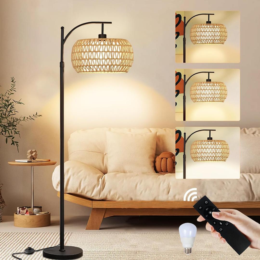 Boho Rattan Floor Lamps for Bedroom with 3 Color Temperatures, 75'' Farmhouse Arc Floor Lamp Adjustable Height with Shades/Remote Control/12W LED Bulb/360 Rotatable for Living Room, Office