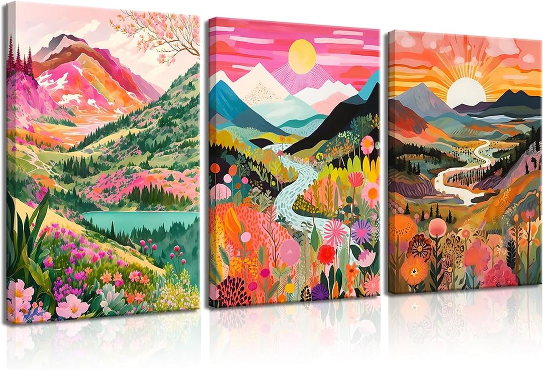 3Pcs Colorful Watercolor Mountain Canvas Wall Art Boho Floral Painting Picture Wall Decor Abstract Nature Landscape Poster Print Artwork for Living Room Bedroom Bathroom Office Home Decoration (12x16in)