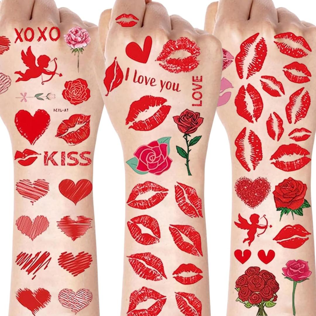3 x 83Pcs Red Lip Heart Tattoos Stickers Valentine's Day Love Heart Rose Angel Arrow Line Fake Temporary Tattoos Stickers Waterproof Decals for Women Man Face Valentines Wedding Halloween Party Supplies