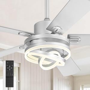 52" Modern Ceiling Fans with Lights,Silver Chandelier Fan with 6-Speed Dimmable LED and Quiet Reversible DC Motor,Rustic Fandelier Ceiling Fan with 5 Dual Finish Blades for Bedroom Living Room