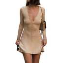 GCZREN Women Sexy Deep V Neck Button Front Knit Mini Dress Elegant Long Sleeve Ribbed Flowy Hem A-Line Short Dresses(L,Apricot)