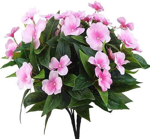 FAICOIA 2 Branches Artificial Impatiens Flowers Faux Impatiens Bushes Pink Silk Flowers Greenery Artificial Impatiens Bouquet for Outdoors Patio Lawn Garden Pot Hanging Basket Porch Decoration