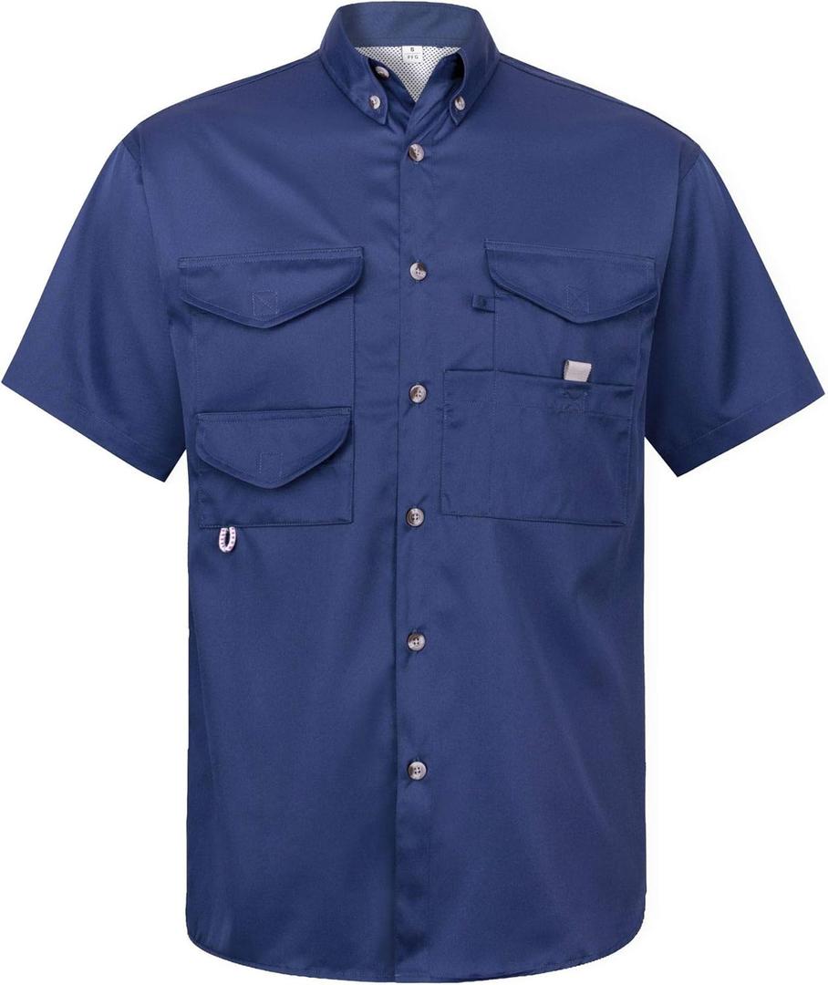 Alimens & Gentle Short Sleeve Fishing Shirt Wicking Fabric Sun Protection Casual Button Down Shirts (Medium, Navy)
