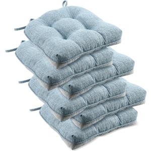 downluxe Indoor Chair Cushions for Dining Chairs, Tufted Overstuffed Textured Foam Kitchen Chair Pads with Ties and Non-Slip Backing, 15.5" x 15.5" x 4", Light Blue, 6 Pack
