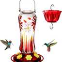Kingsyard Glass Hummingbird Feeders for Outdoors Hanging, 25 oz Leak Proof Hummingbird Feeder with Ant Moat & 6 Bee Proof Feeding Ports, Red