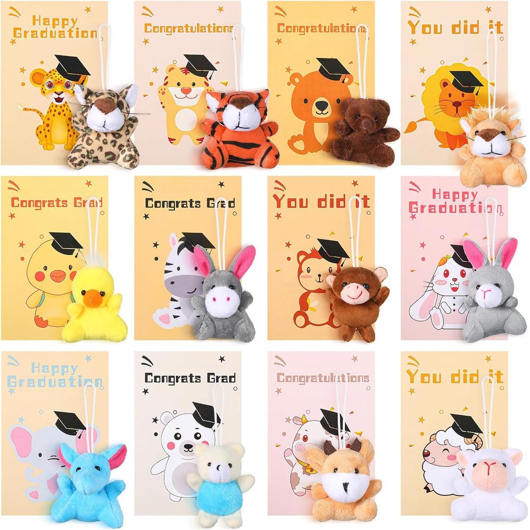 Zhanmai 24 Set Graduation Mini Animal Plush Toy Cards Gift Set, Cute Small Stuffed Animal Keychain Bulk, Preschool School Graduation Classroom Exchange Gifts, Teacher Student Award Party Favors