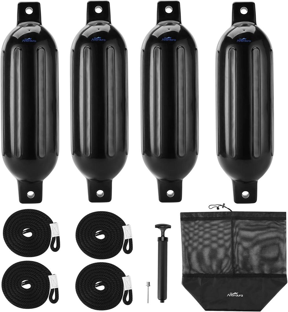 Affordura Boat Fender 4 Pack Boat Bumpers Fenders with 4 Ropes, Boat Bumpers for Pontoon Boat Fenders Inflatable (6.5 inch, Black)