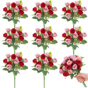 Zeyune 8 Pack 12 Inch Mini Red and Pink Artificial Rose Bouquet 80 Heads Fake Silk Roses Flowers Bunches with Stems Wedding Bouquets for Bride Bridesmaid Valentine's Day Decorations
