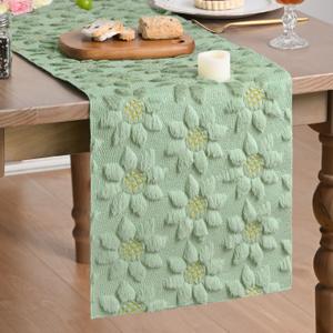 Artoid Mode Green Soft Plush Faux Fur Jacquard Embroidery Sunflower Spring Table Runner, Kitchen Dining Table Decoration for Home Party Decor 13x60 Inch