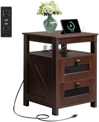 WLIVE Side Table with Charging Station, Farmhouse End Table, Bed Side Table with 2 Mesh Drawers Storage & Open Shelf, Rustic Wooden Cabinet Night Stand for Bedroom, Living Room, Espresso