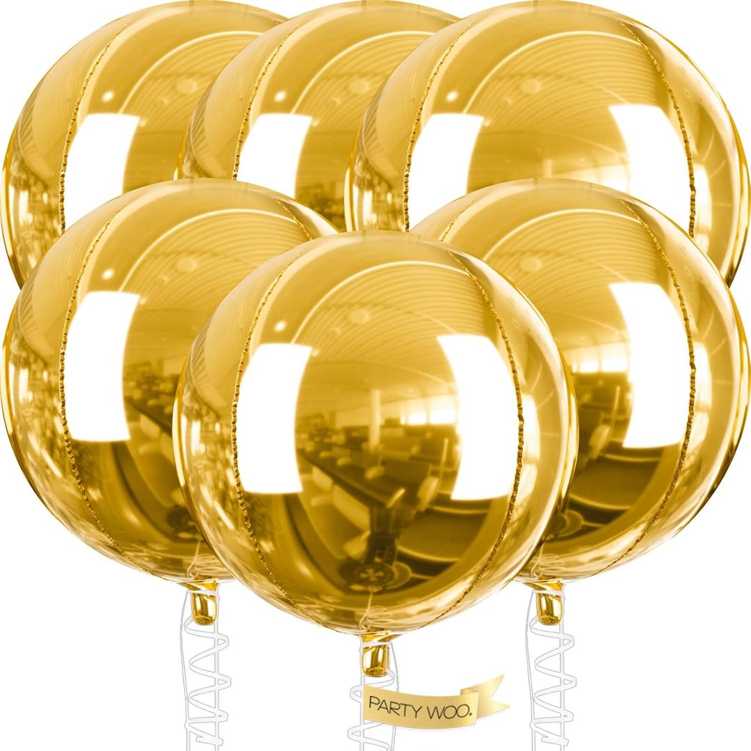 PartyWoo Metallic Gold Foil Balloons 6pcs 32 Inch Large Round Foil Big Giant 4D Jumbo Inflatable Mirror Ball Mylar Balloons for Graduation Birthday Baby Shower Anniversary Tea Party Decorations