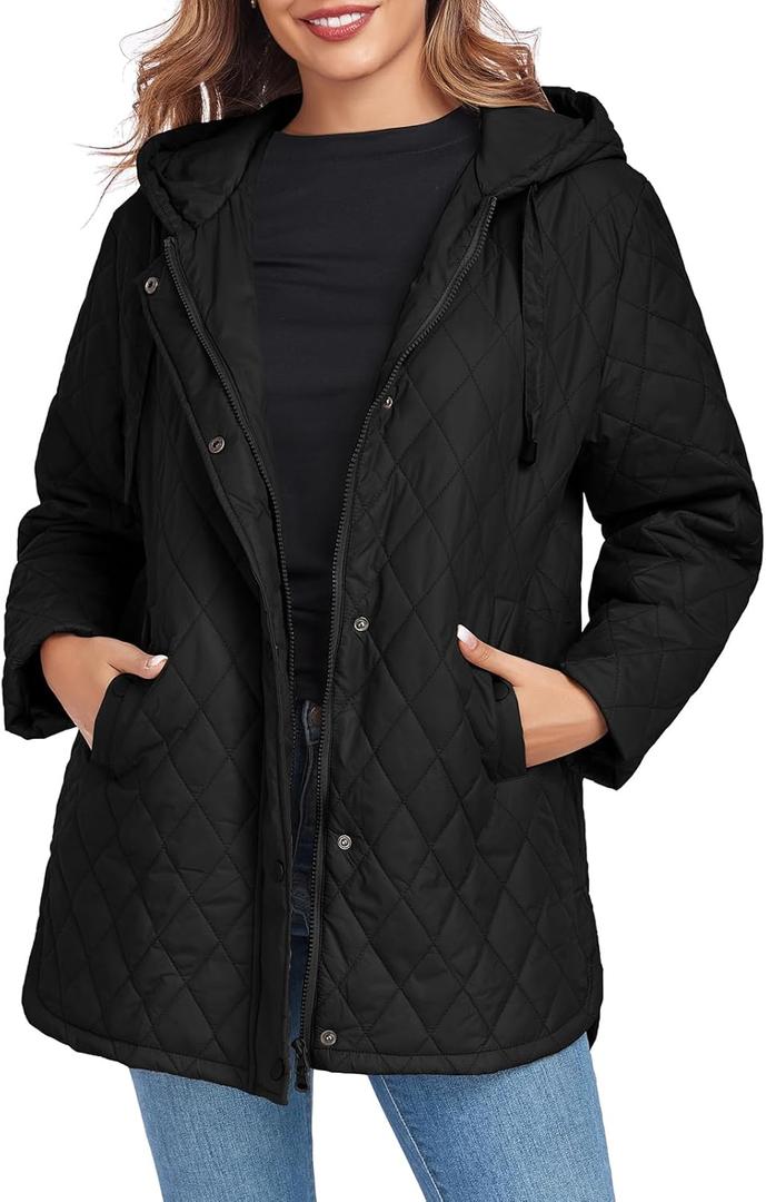 Womens Oversized Quilted Jackets Lightweight Long Sleeve Full Zipper Puffer Jacket Casual Hooded Coats with Pockets (Small, Black)