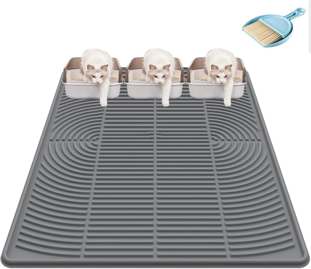 Cat Litter Mat XL 47 x 35, Extra Large Silicone Litter Box Mat, Waterproof Litter Trapping Mat for Cats, Washable Non-Slip Cat Litter Mat Large, Easy Clean Pet Mat with Mini Broom & Dustpan