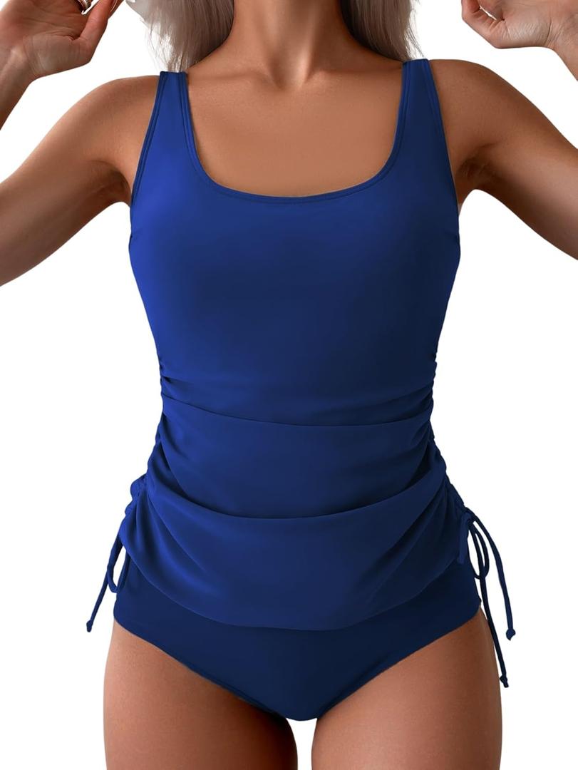 B2prity Tummy Control Tankini Swimsuit for Women Ruched Two Piece Bathing Suit Drawstring Swimwear with Bottom (XX-Large, Blue)