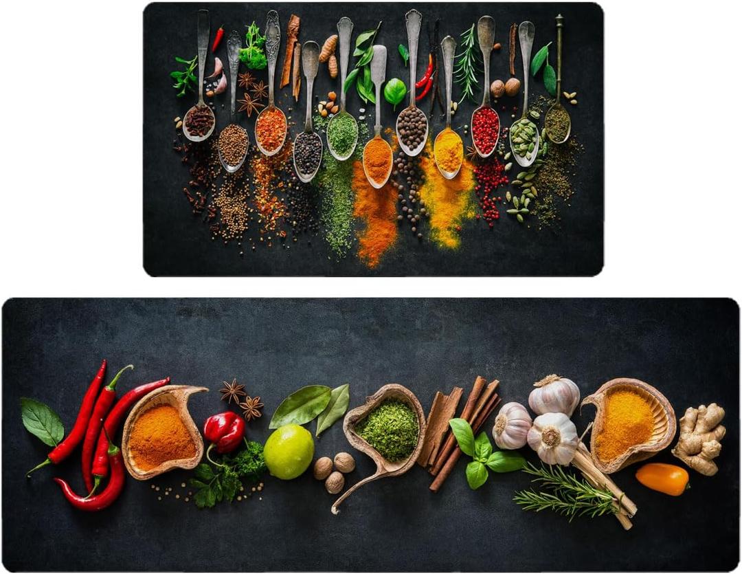Herbs and Spices Kitchen Rug Set 2 Piece Non Slip Waterproof Floor Mats for Kitchen Laundry Farmhouse Anti Fatigue Runner Rug Comfort Standing Mat Doormat, 17" W x 29" L + 17" W x 47" L