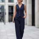 Women's 2 Piece Outfits Linen Vest Waistcoat Dressy Casual Sets Wide Leg Pants Suits (Blue, S)