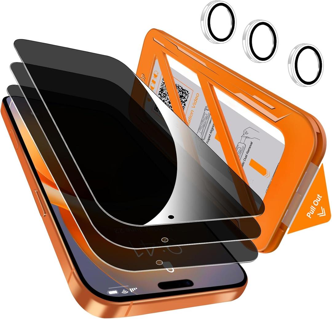 QHOHQ [1-Second Auto-Install] 3 Pack Privacy Screen Protector for iPhone 17 Pro Max [6.9 Inch] + 1 Set Camera Lens Protector, 25 Anti Spy Tempered Glass, [Military Grade Shatterproof], Case Friendly