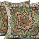 Boho Soft Velvet Throw Pillow Covers 18x18 in Vintage Kilim Carpet Tribal Pattern Pillowcases, Antique Ethnic Decor, Geometric Pattern Cushion Cover for Sofa, Living Room, Green, 2 Pack