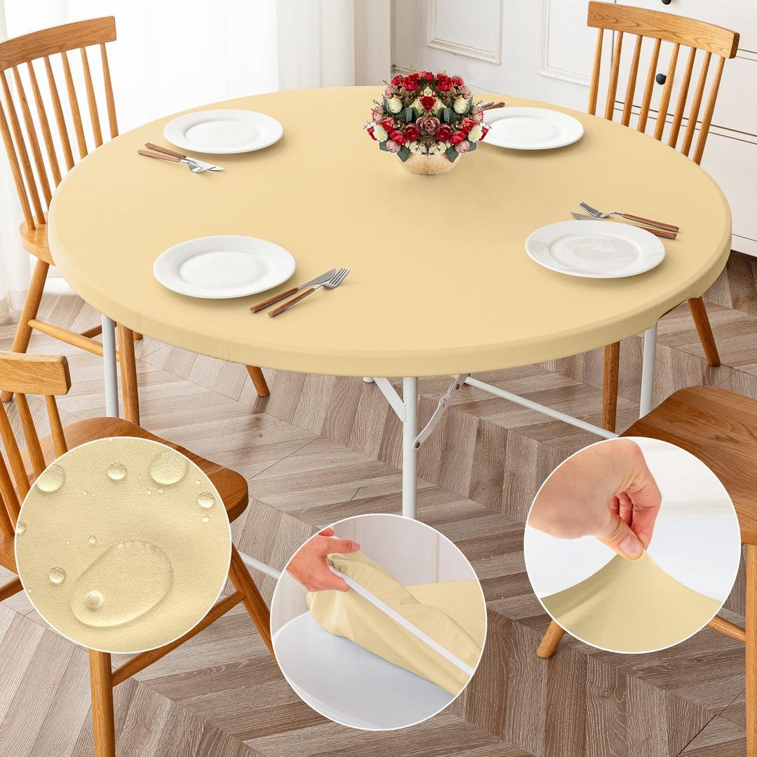 ManMengJi Round Fitted Tablecloth 2 Pack, Champagne Tablecloth with Elastic Edged, Waterproof Wipe Clean Table Cover for Outdoor/Indoor Use, Fits Tables up to 36" Diameter