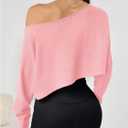 Women's Asymmetrical Off Shoulder Crop Tops Long Sleeve Ribbed Knit Lettuce Trim T Shirts (Pink, M)