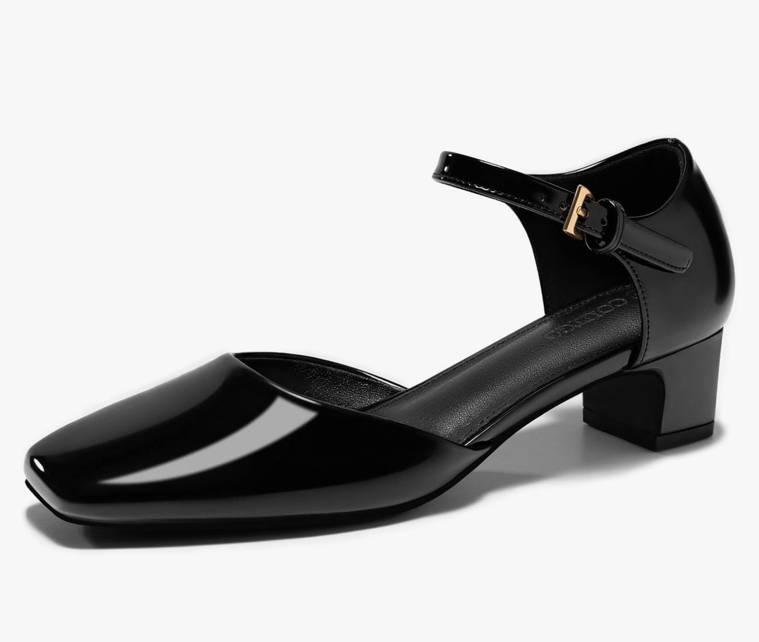 Coutgo Womens Chunky Low Heels Dress Shoes Ankle Buckle Strap Square Toe D'Orsay Pumps Work Party Shoes size 7