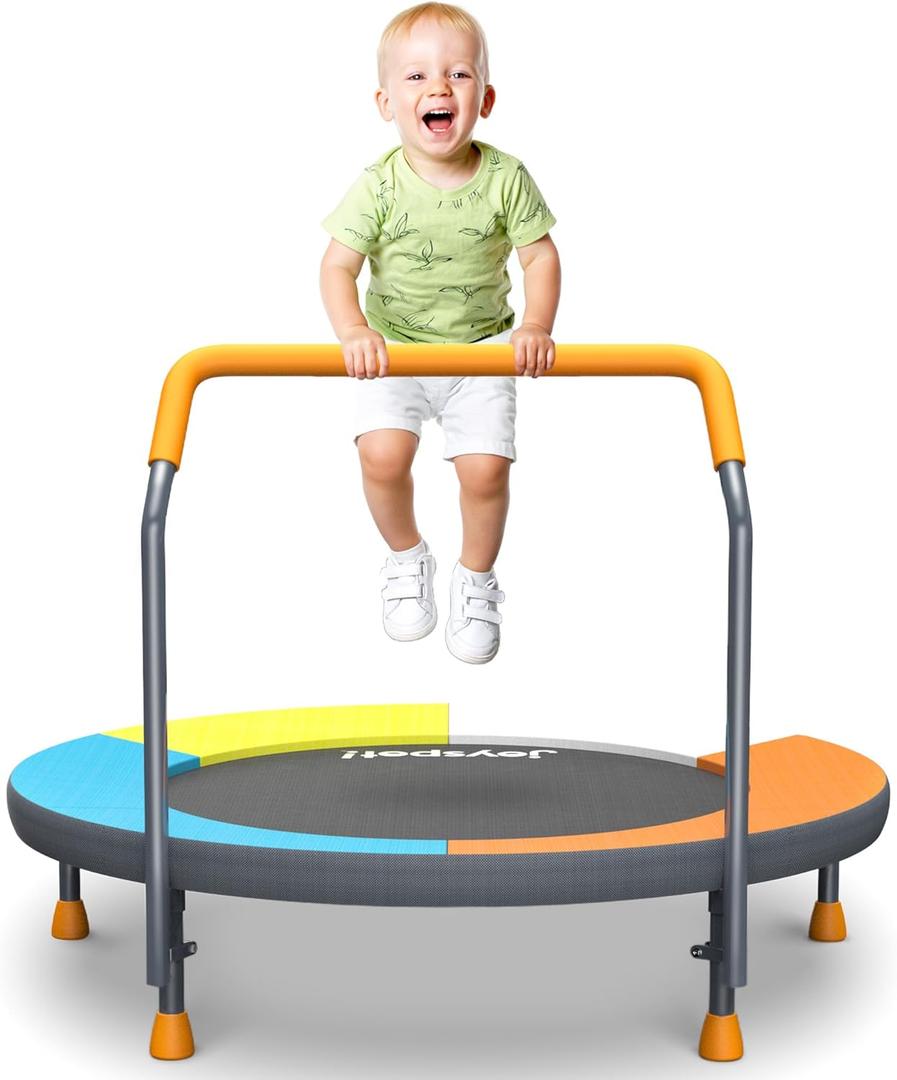 36" Foldable Kids Trampoline with Adjustable Handle Bar, 3FT Mini Toddler Trampoline,Spring-Free Jumping Mat,Indoor/Outdoor Anti-Slip Rubber Feet,Max Load 100LBS,Safety Bounce Trainer Birthday Ages 3-6
