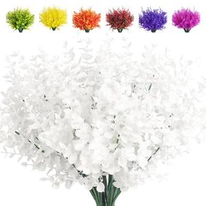Artificial Fake Outdoor Plants Flowers for Spring Decoration, Faux Plastic Plants Outdoor Flowers UV Resistant Realistic for Home Outside Planter Window Porch Patio Garden(Pure White Eucalyptus)