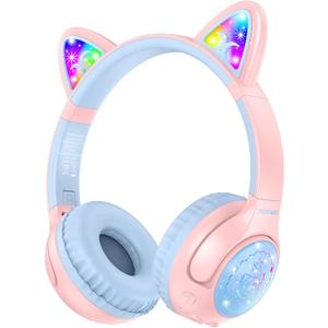 TECKNET Cat Ear Kids Bluetooth Headphones, Kids Headphones Wireless with Detachable Cable, 70H Playtime, 74/85/94dB Volume Limiting, Bluetooth 5.3, Built-in Mic, LED Light-Up, for iPad, PC, School
