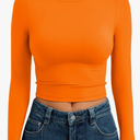 Trendy Queen Womens Long Sleeve Crop Tops Basic Slim Fitted Shirts Fashion 2025 Going Out Y2k Tops Teen Girl Clothes, XS, Ornge