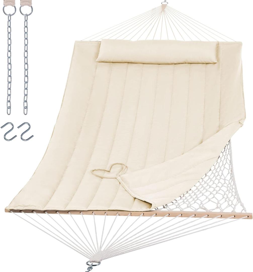 SUNCREAT 2 Person Hammock with Hardwood Spreader Bar, Outdoor Rope Hammock with Polyester Pad, 475 lbs Capacity, Beige (White)