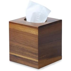 Acacia Wood Tissue Box Cover, Square Wooden Tissue Holder for Bathroom, Living Room, Dining Table, Decorative Cube Facial Tissue Box Cover, 5.3 x 5.3 x 5.9 inches