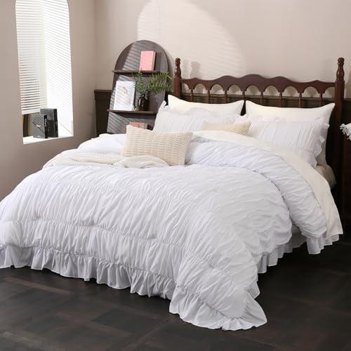Herside White Comforter Set King Size,Ruched Boho Bedding Bed-in-a-Bag for All Seasons,Fluffy Luxury Ruffle Bedding Set with Comforter, Flat Sheet, Fitted Sheet, Pillow Shams, Pillowcases