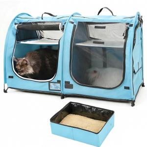 Mispace Portable Twin Compartment Show House Cat Cage/Condo - Easy to Fold & Carry Kennel - Comfy Puppy Home & Dog Travel Crate with Portable Carry Bag/Two Hammocks/Mats and Collapsible Litter Box (Blue)